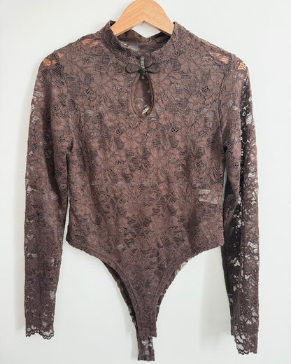 Body dentelle col mao marron