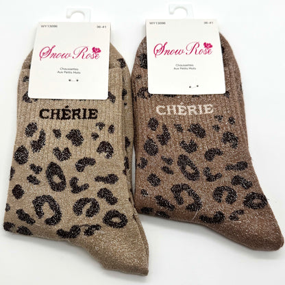 Chaussettes à Paillettes à Message Léopard " Chérie "