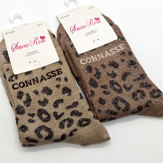 Chaussettes à Paillettes à Message Léopard " Connasse "
