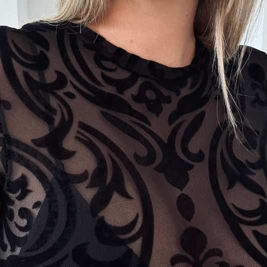 Body mesh noir motif velours – sans manches (noir ou beige)