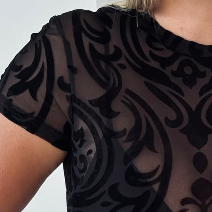 Body mesh noir motif velours – sans manches (noir ou beige)