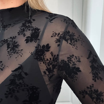 Body mesh noir fleuri en velours – zippé, manches longues