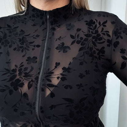 Body mesh noir fleuri en velours – zippé, manches longues