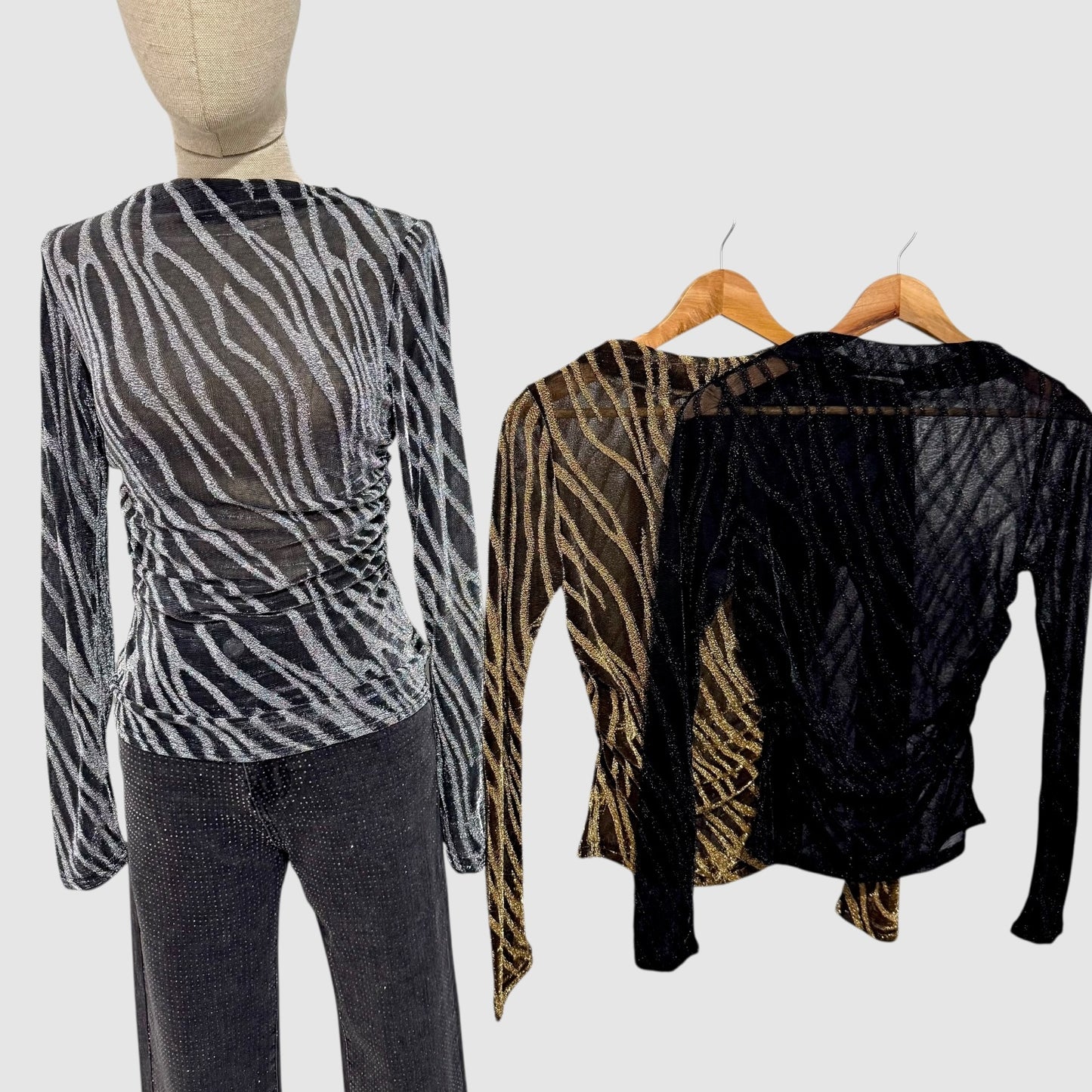 Top mesh zébré à fils métallisés – Col montant