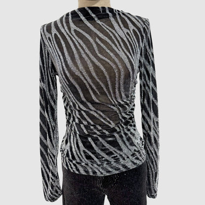 Top mesh zébré à fils métallisés – Col montant