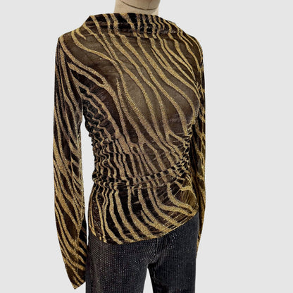 Top mesh zébré à fils métallisés – Col montant