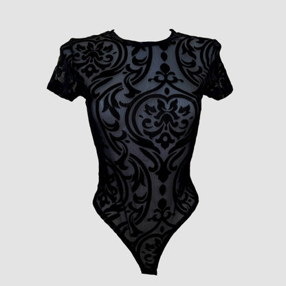 Body mesh noir motif velours – sans manches (noir ou beige)