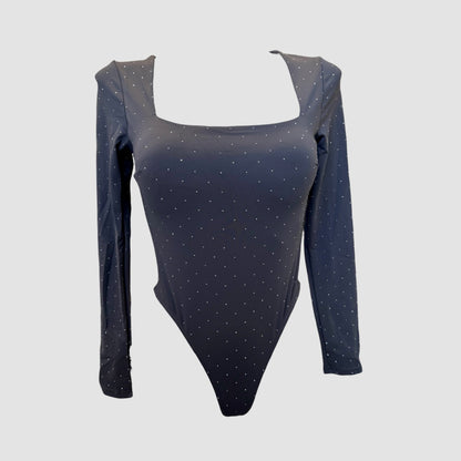 Body strass échancré – manches longues, coques intégrées (3 couleurs)