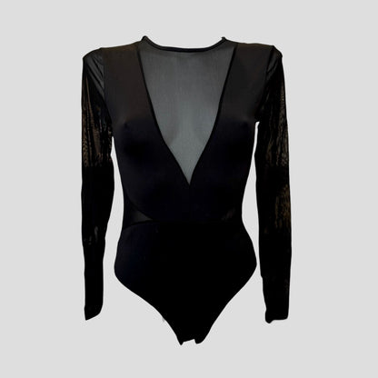 Body noir mesh V– manches longues