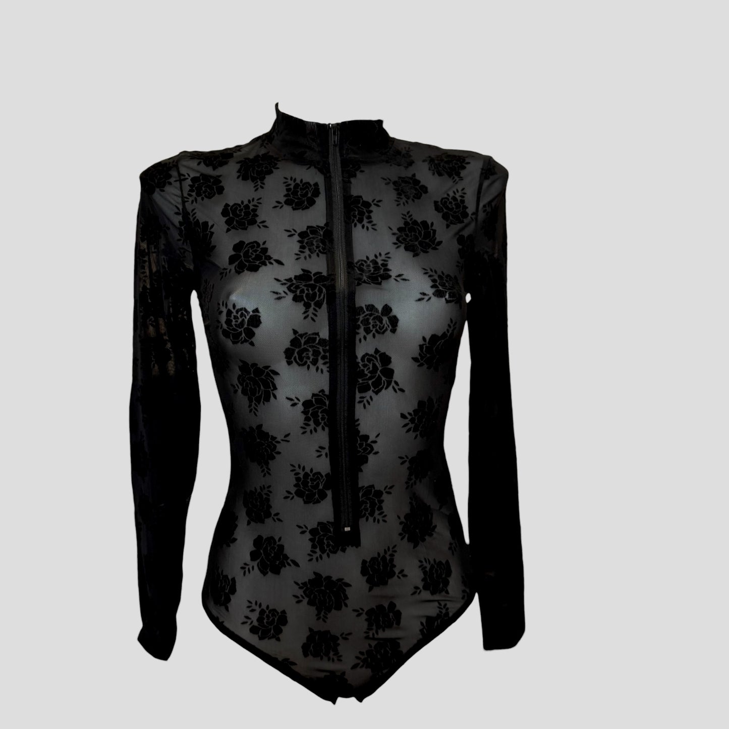 Body mesh noir fleuri en velours – zippé, manches longues