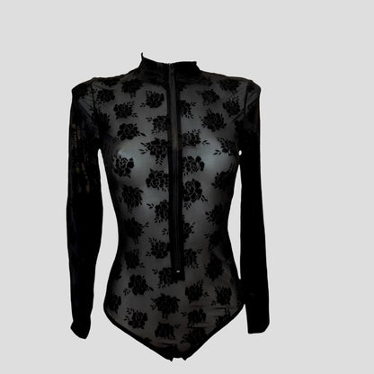 Body mesh noir fleuri en velours – zippé, manches longues