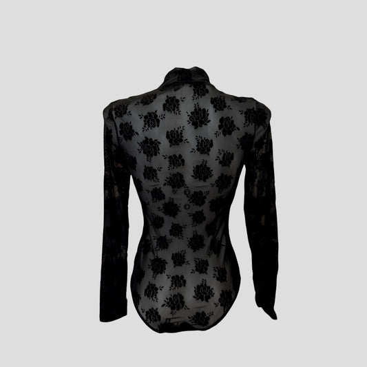 Body mesh noir fleuri en velours – zippé, manches longues