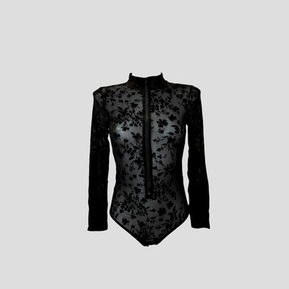 Body mesh noir fleuri en velours – zippé, manches longues