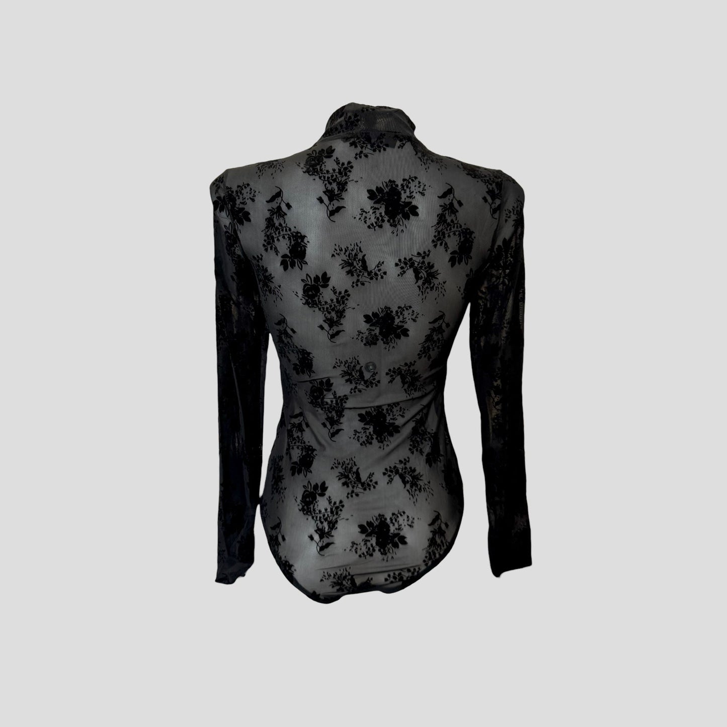 Body mesh noir fleuri en velours – zippé, manches longues