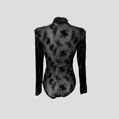 Body mesh noir fleuri en velours – zippé, manches longues