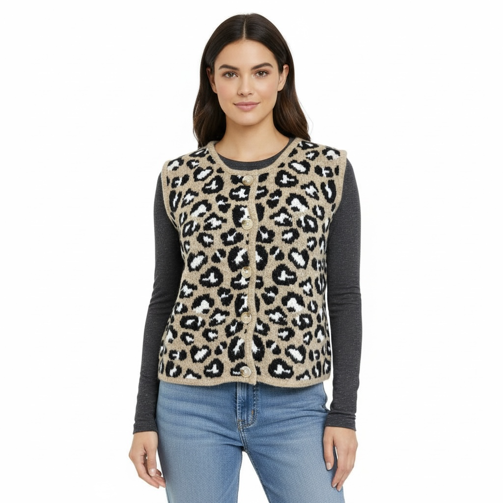 Gilet maille motif léopard sans manches